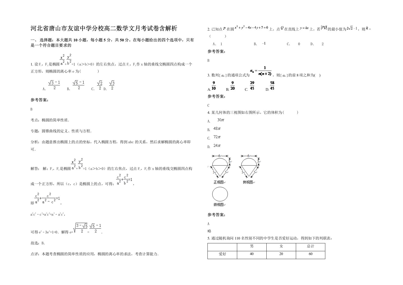 河北省唐山市友谊中学分校高二数学文月考试卷含解析