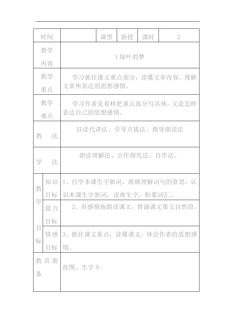 语文S版四年级上册《绿叶的梦》表格式教案