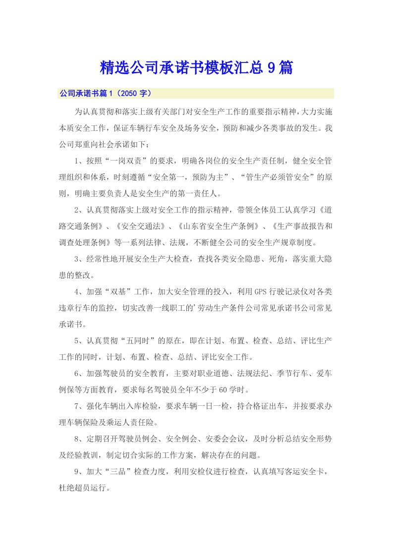 精选公司承诺书模板汇总9篇