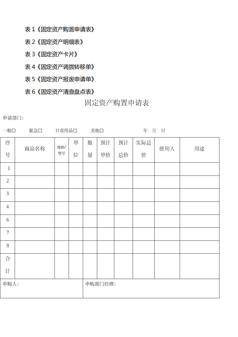 固定资产表格