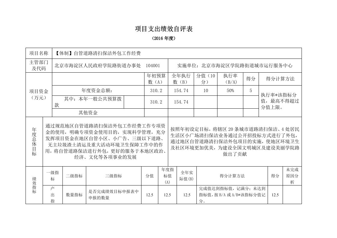 项目支出绩效自评表