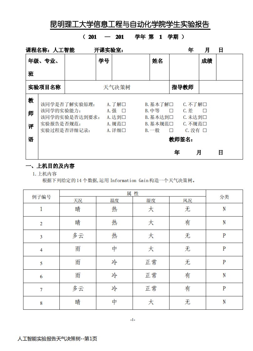 人工智能实验报告天气决策树