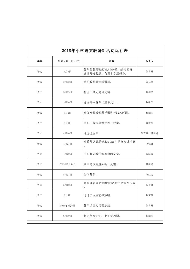 小学音乐教研组、备课组活动安排表