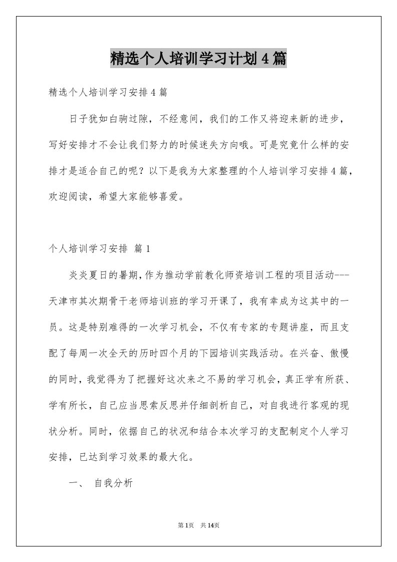 个人培训学习计划4篇