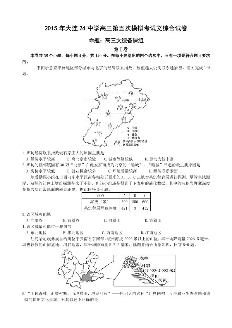 大连市第二十四中学2015届高三第五次模拟考试文综试题