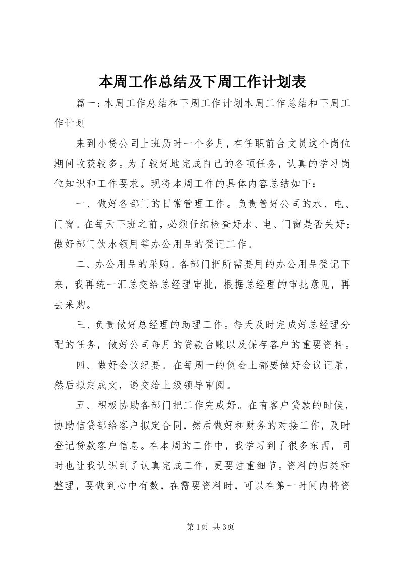 本周工作总结及下周工作计划表