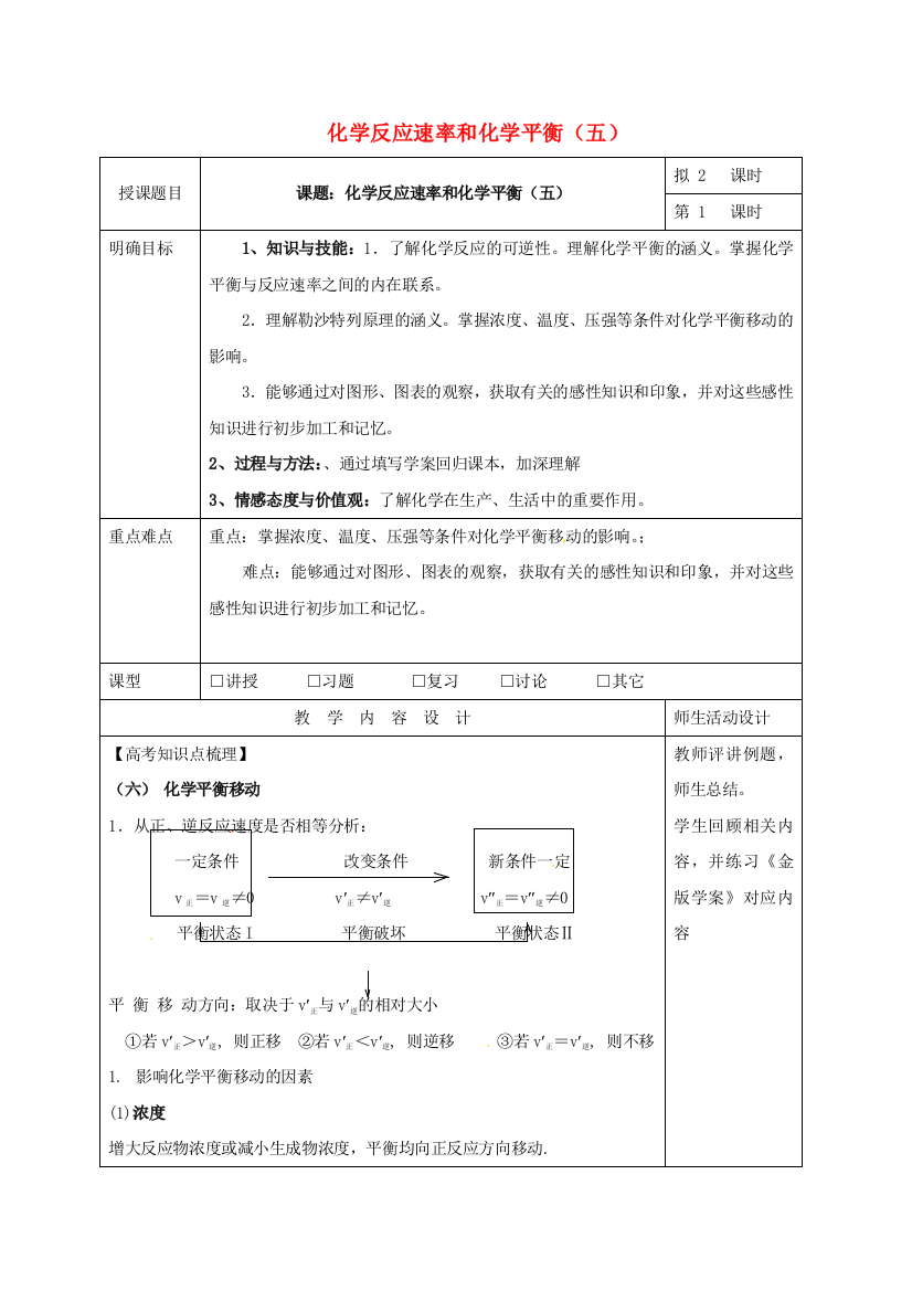 高三化学一轮复习-化学反应速率和化学平衡五教学设计