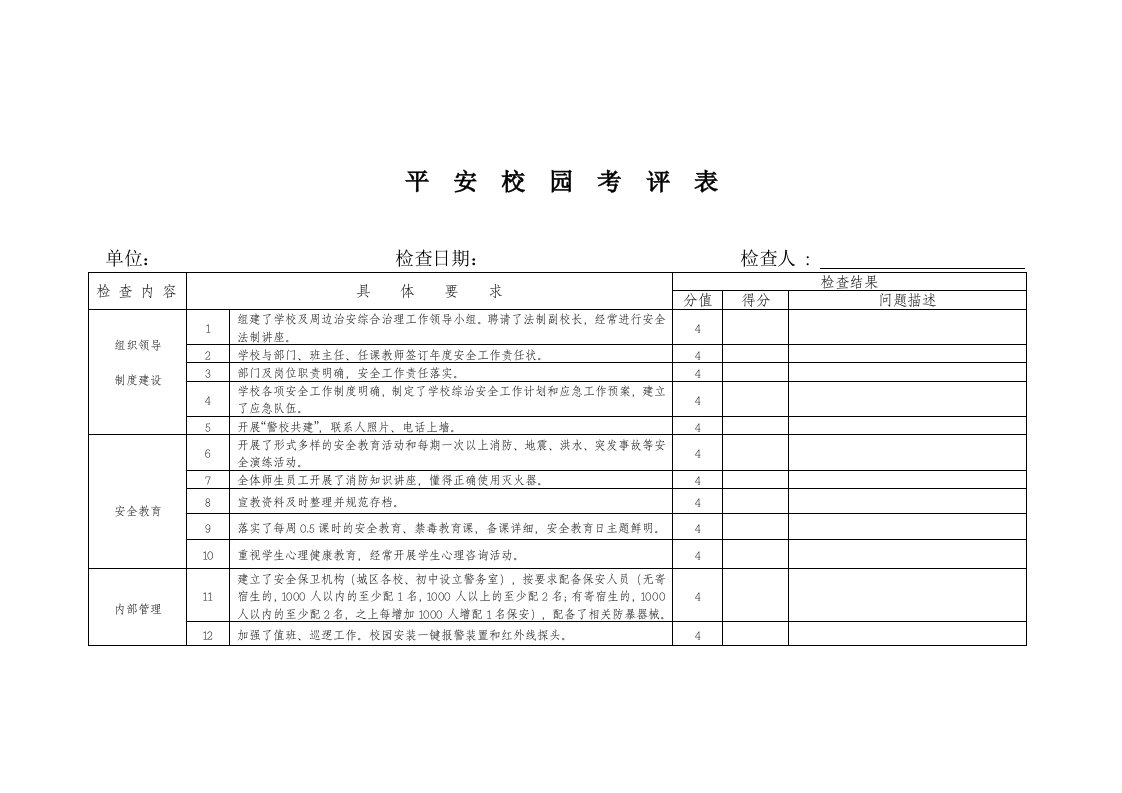 平安校园考评表