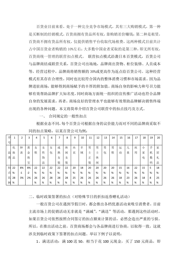 百货业扣点模式分析