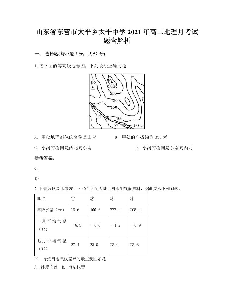 山东省东营市太平乡太平中学2021年高二地理月考试题含解析