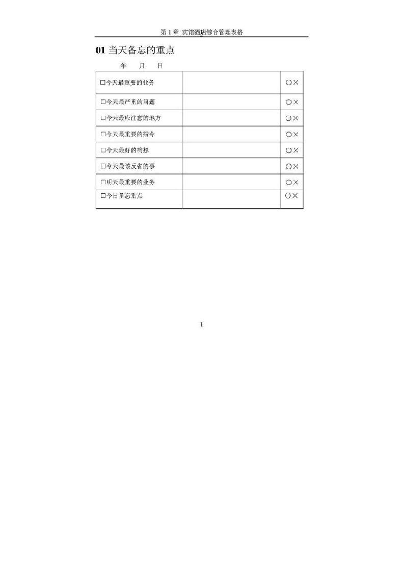 酒店常用管理表格第1章宾馆酒店综合管理表格