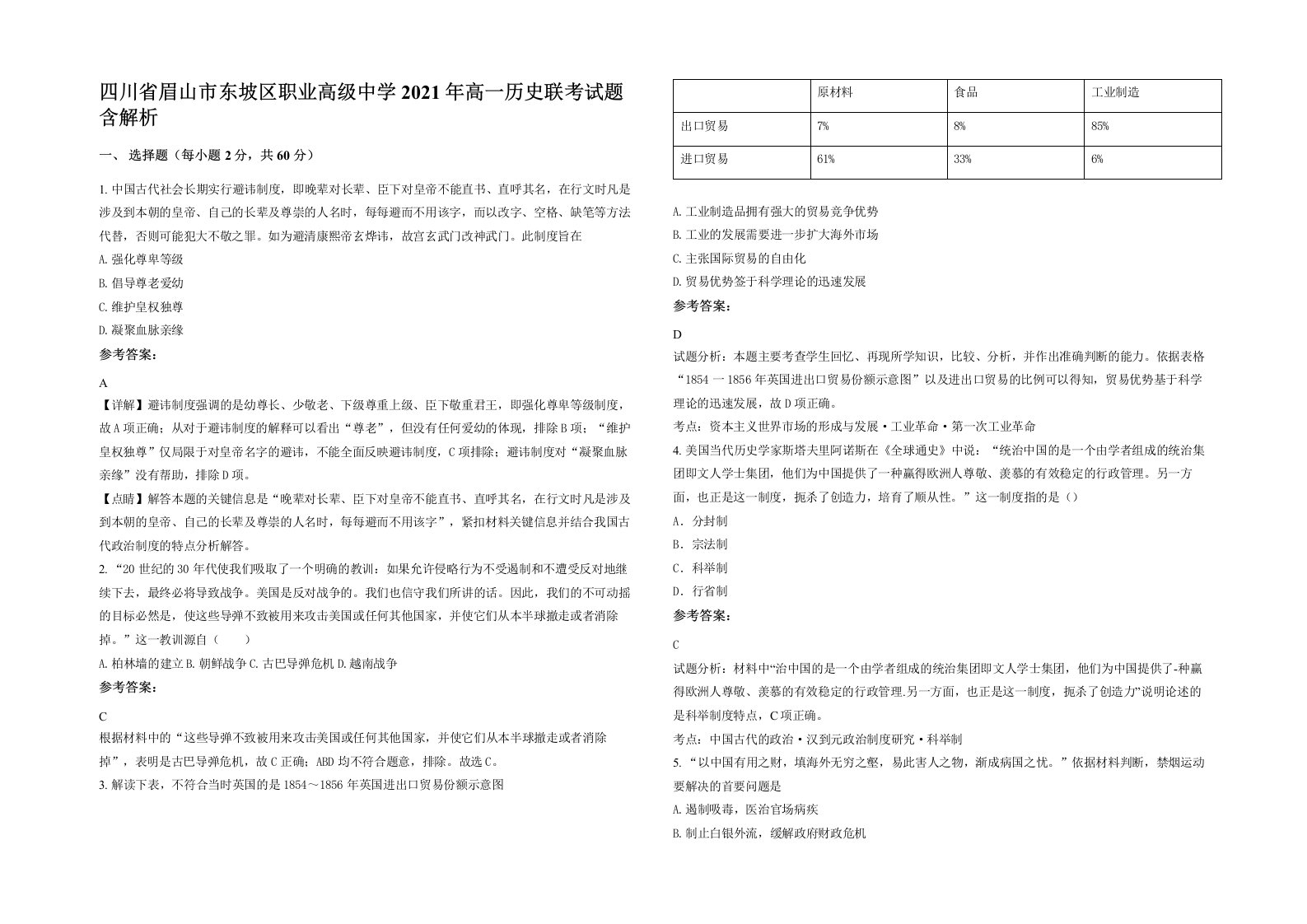 四川省眉山市东坡区职业高级中学2021年高一历史联考试题含解析