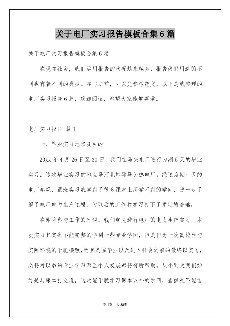 关于电厂实习报告模板合集6篇