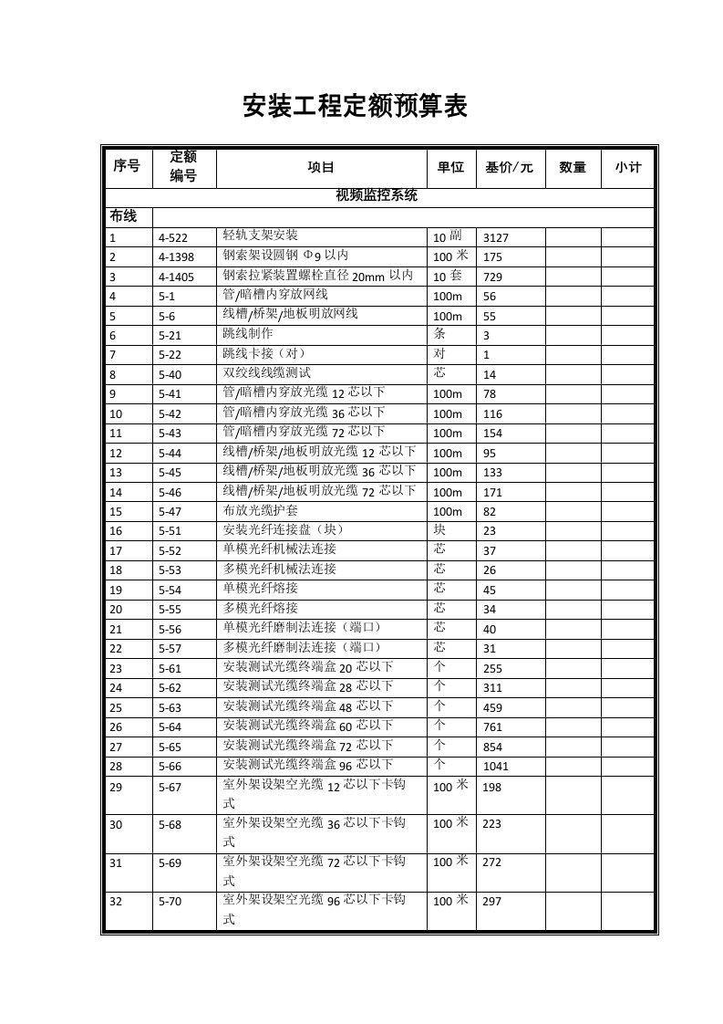 视频监控工程安装定额预算