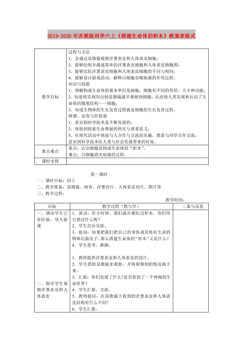 2019-2020年苏教版科学六上《搭建生命体的积木》教案表格式