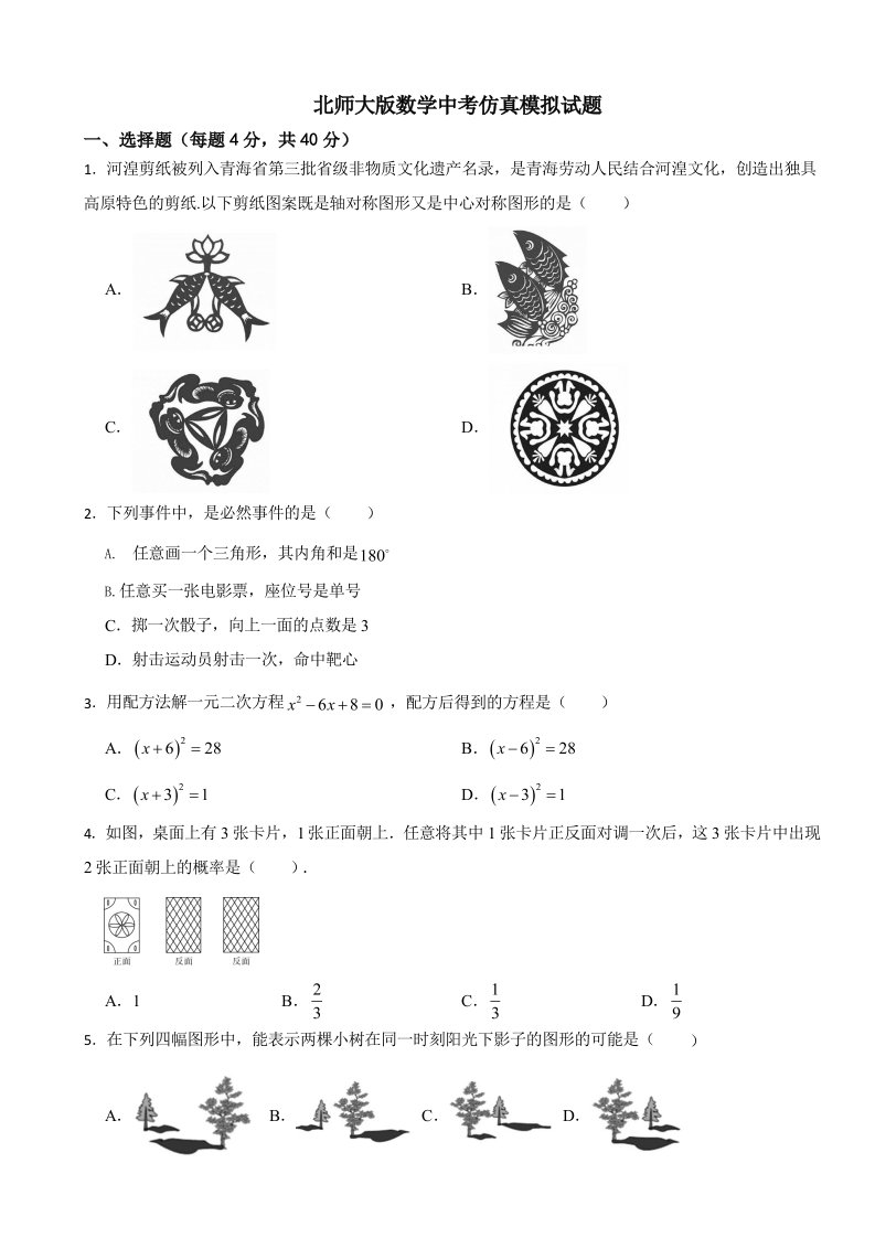 2024年北师大版数学中考仿真模拟试题含答案