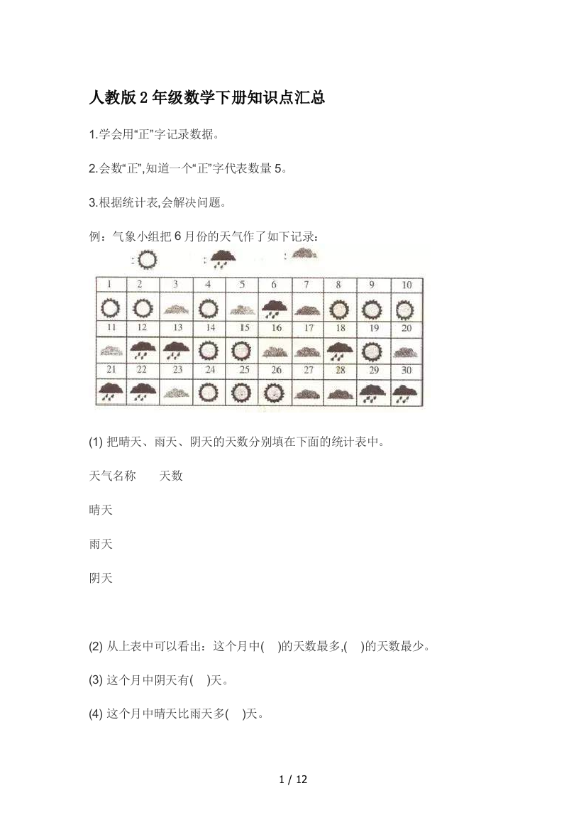 人教版2年级数学下册知识点汇总