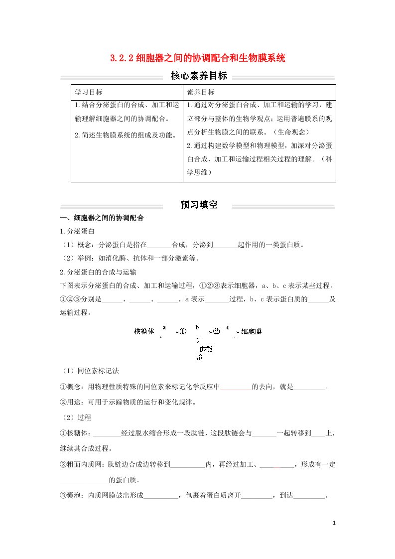 2022年高中生物3.2.2细胞器之间的协调配合和生物膜系统讲义无答案新人教版必修1