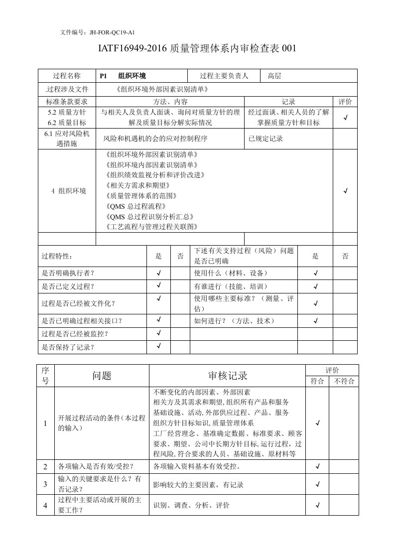 IATF16949-2016质量管理体系内审检查表001