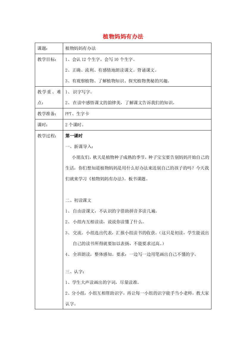 春二年级语文下册《植物妈妈有办法》教案