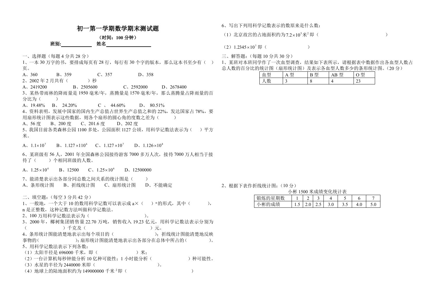 初一第一学期数学期末测试题