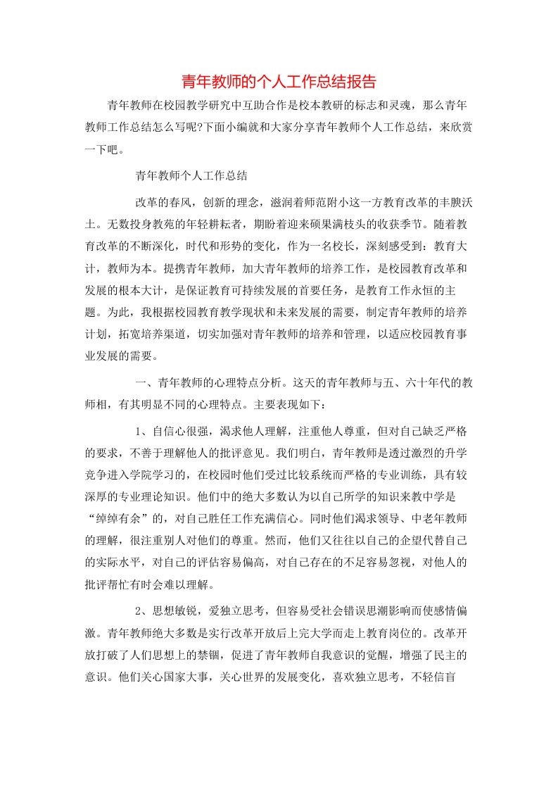 青年教师的个人工作总结报告