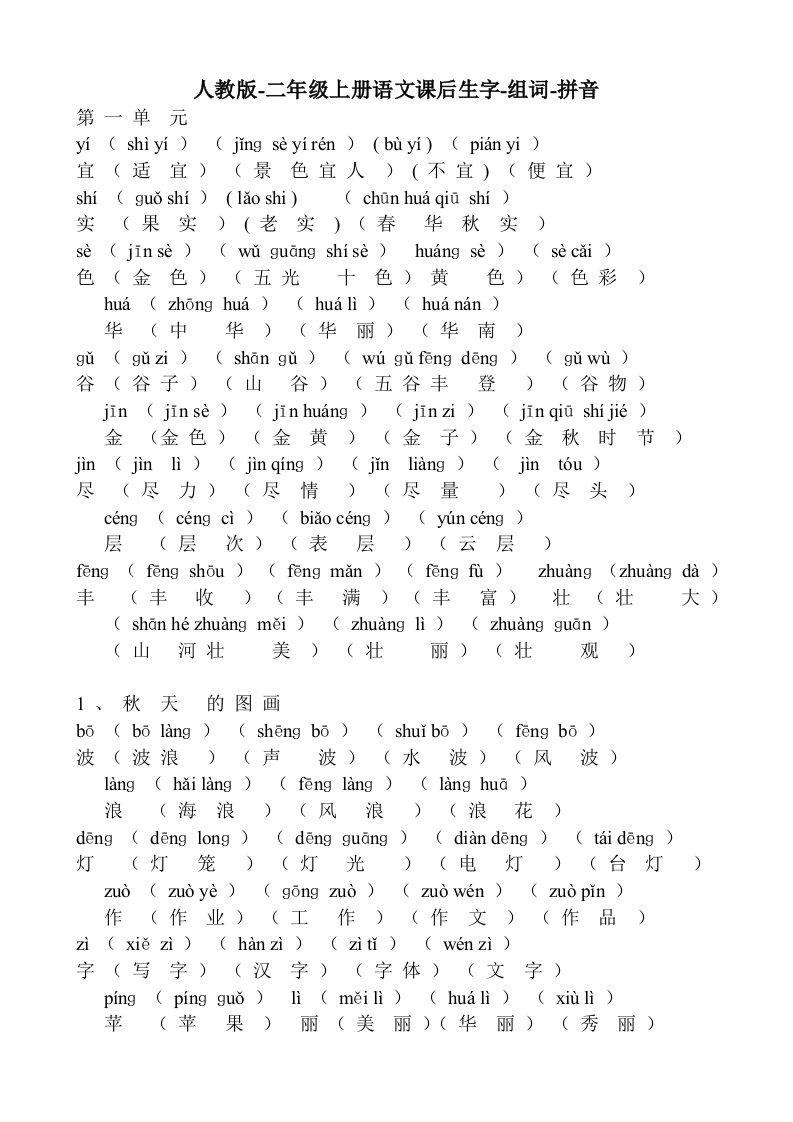 人教版-二年级上册语文课后生字-组词-拼音