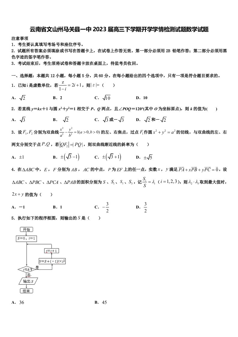 云南省文山州马关县一中2023届高三下学期开学学情检测试题数学试题