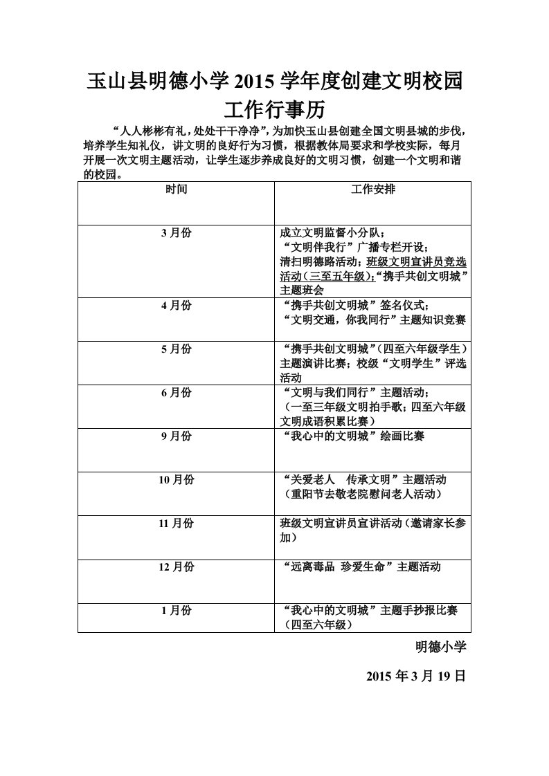 玉山县明德小学2015学年度创建文明校园工作行事历