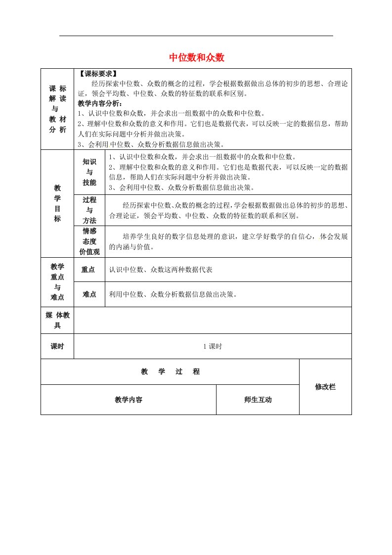 2018春人教版数学八年级下册20.1.2《中位数和众数》