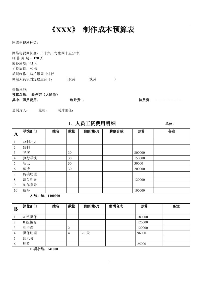 网剧电视剧制作预算表