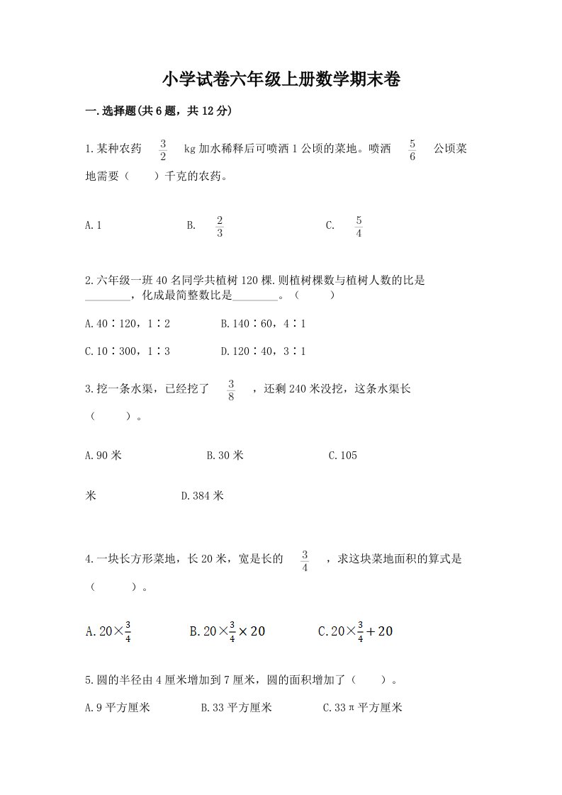 小学试卷六年级上册数学期末卷精品【网校专用】