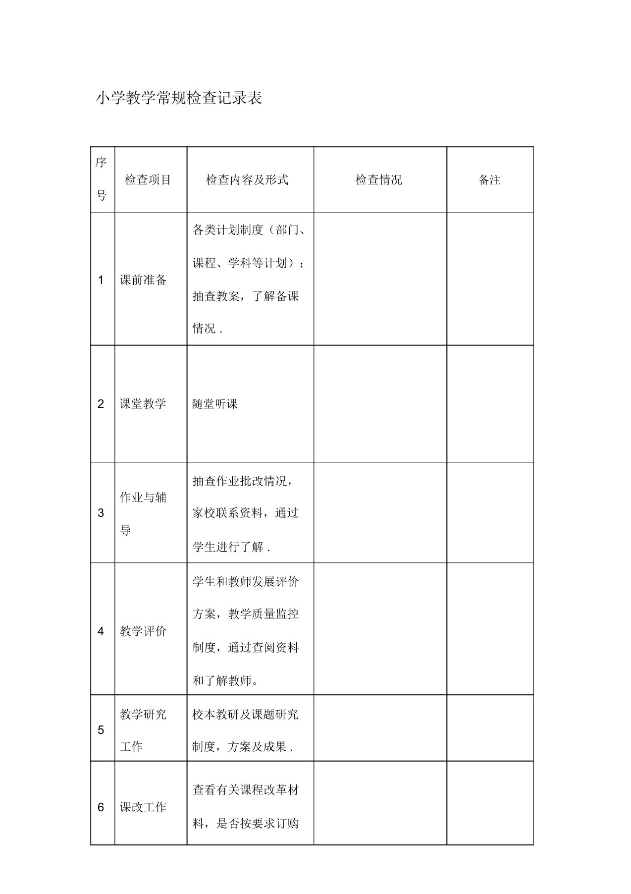 小学教学常规检查记录表【范本模板】