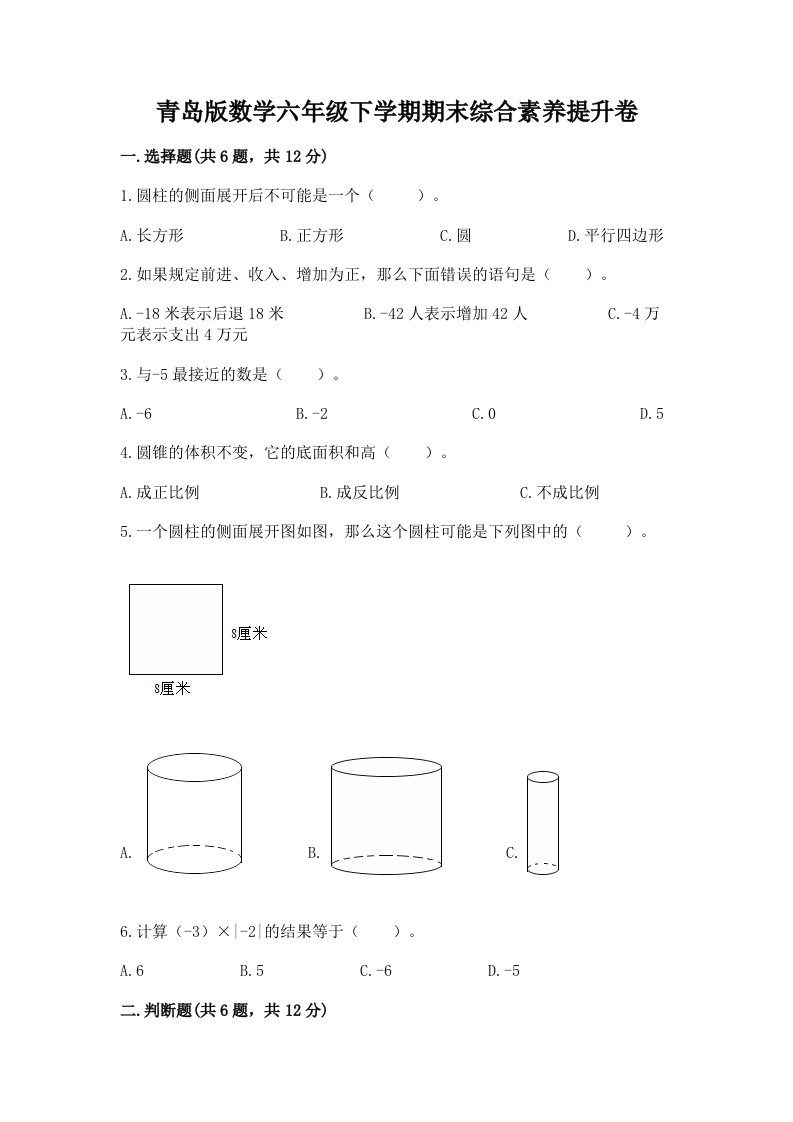 青岛版数学六年级下学期期末综合素养提升卷（各地真题）