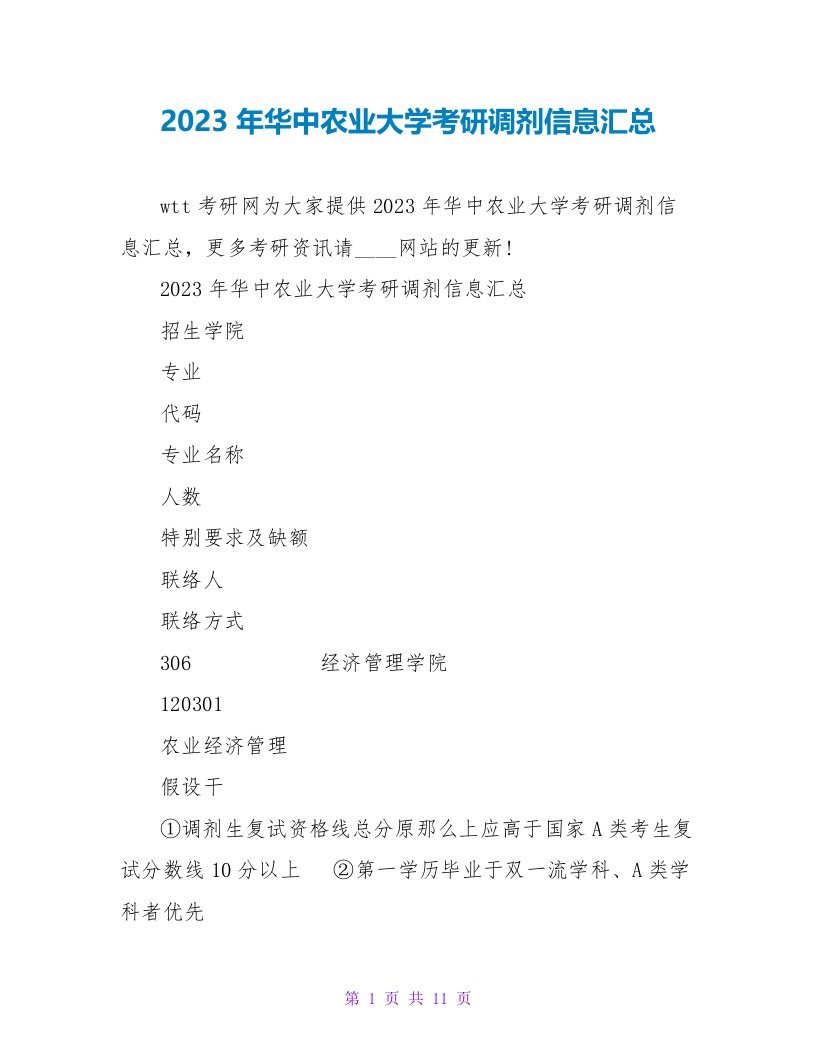 2023年华中农业大学考研调剂信息汇总