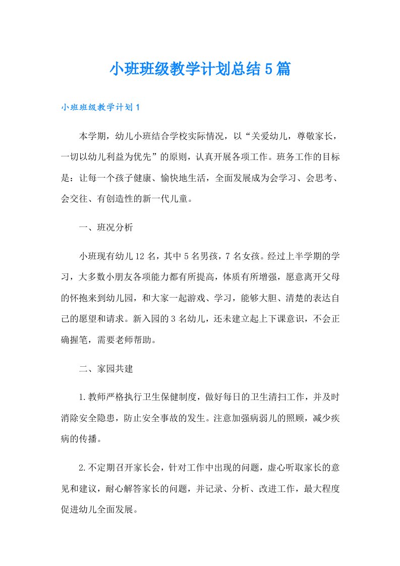 小班班级教学计划总结5篇