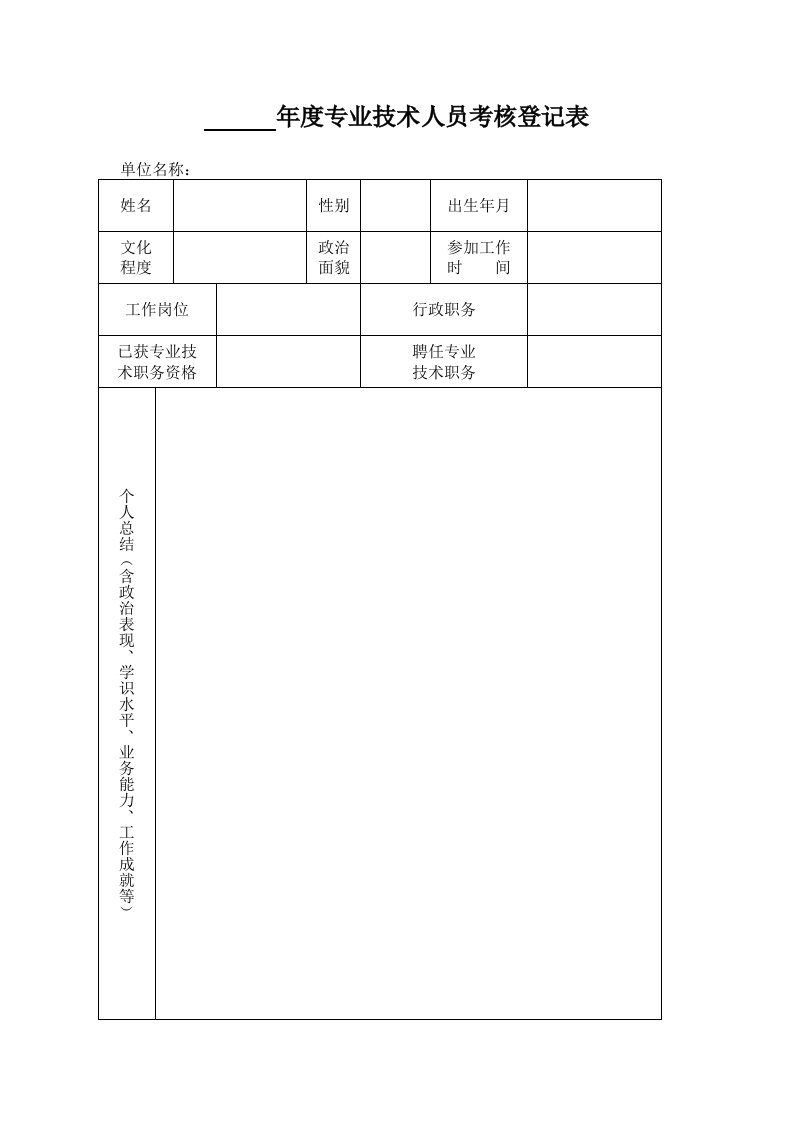 年度专业技术人员考核登记表