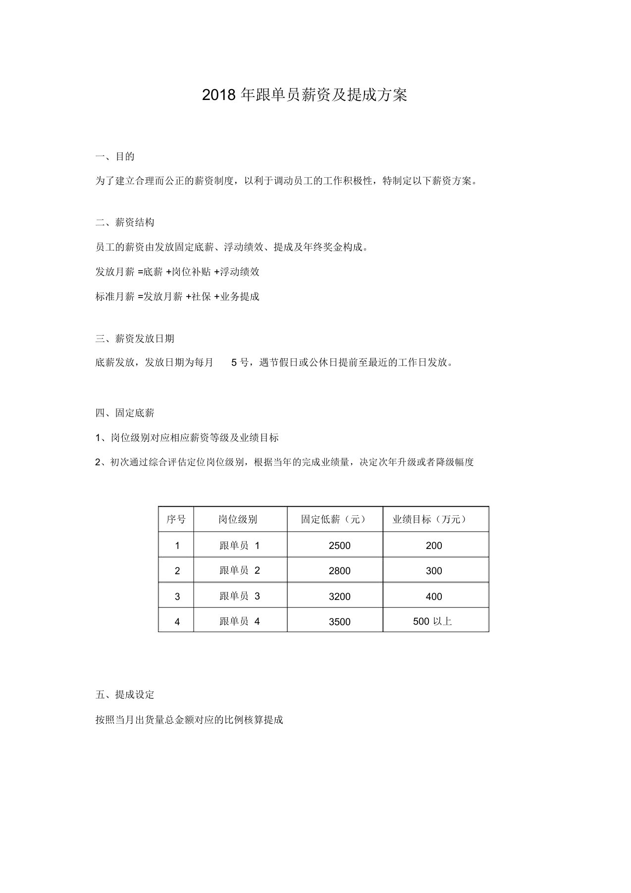 跟单员薪资及提成方案