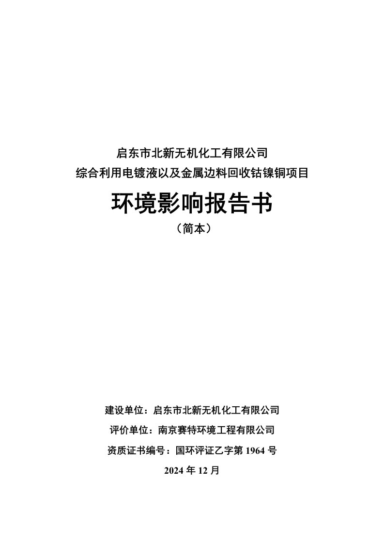 启东市北新无机化工有限公司综合利用电镀液以及金属边料回收钴镍铜项目报告书