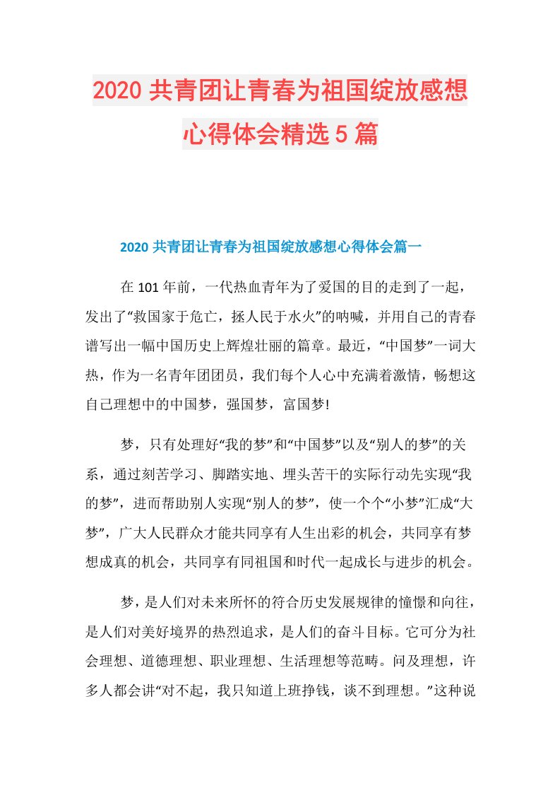 共青团让青春为祖国绽放感想心得体会精选5篇