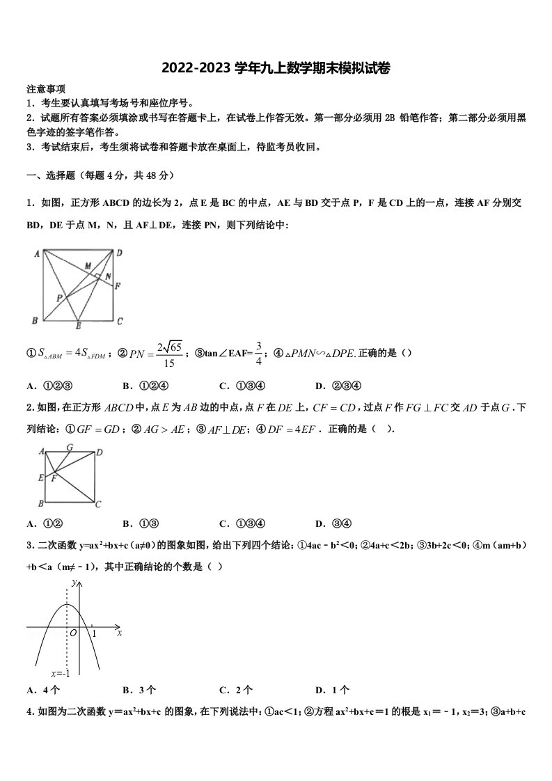 2023届徽省阜阳市第十九中学九年级数学第一学期期末考试模拟试题含解析