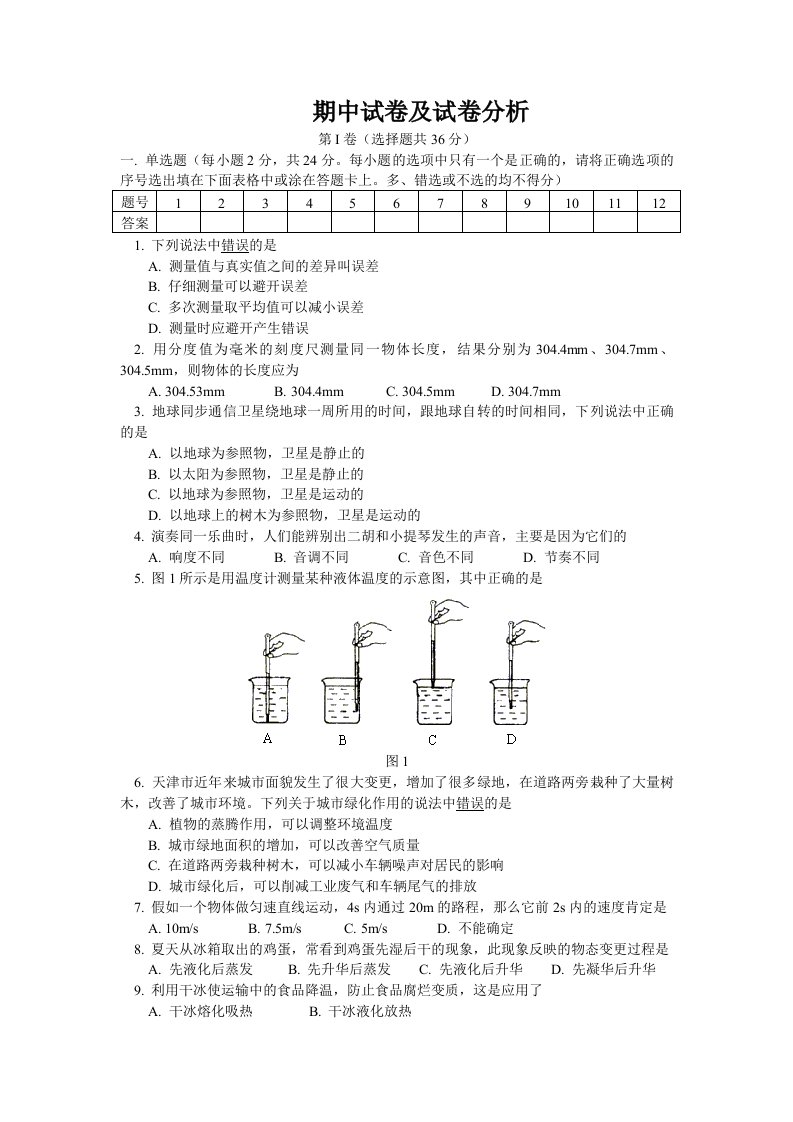 八年级物理下册期中试卷及试卷分析