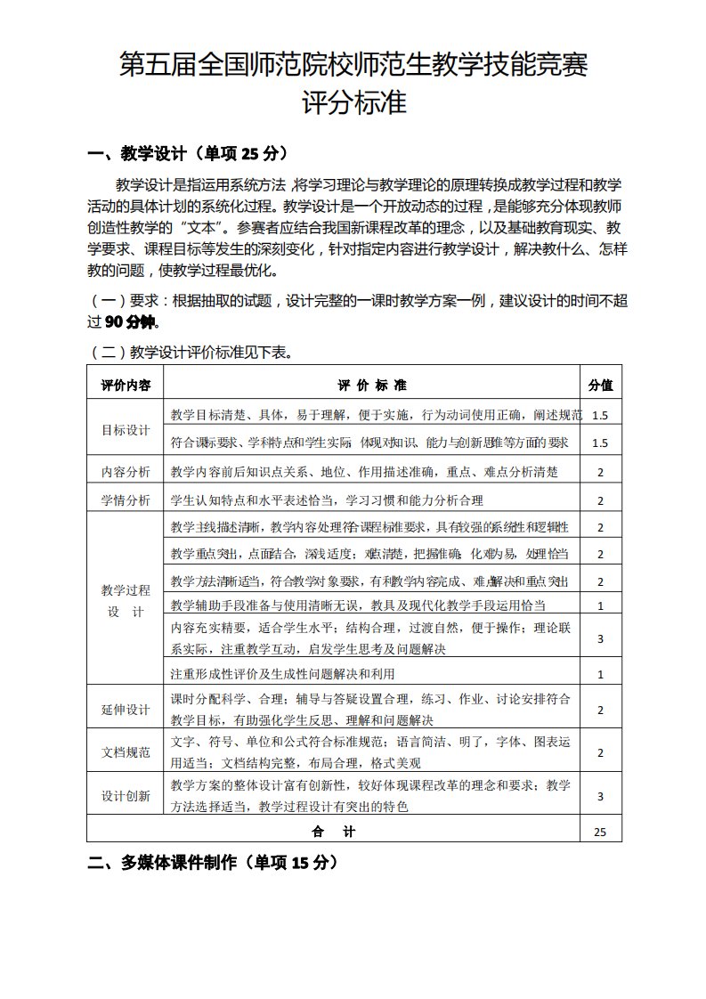 第五届全国师范院校师范生教学技能竞赛评分标准