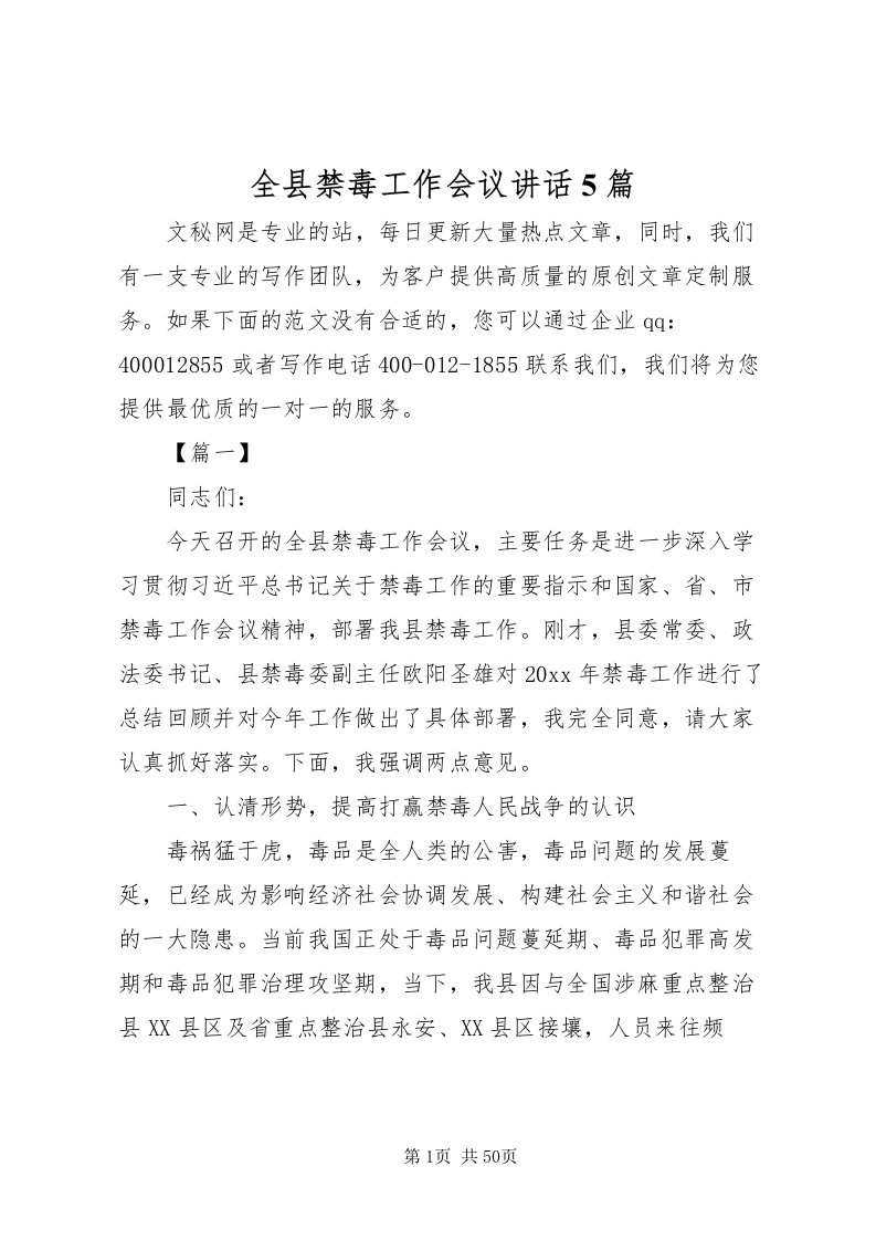 2022全县禁毒工作会议致辞5篇