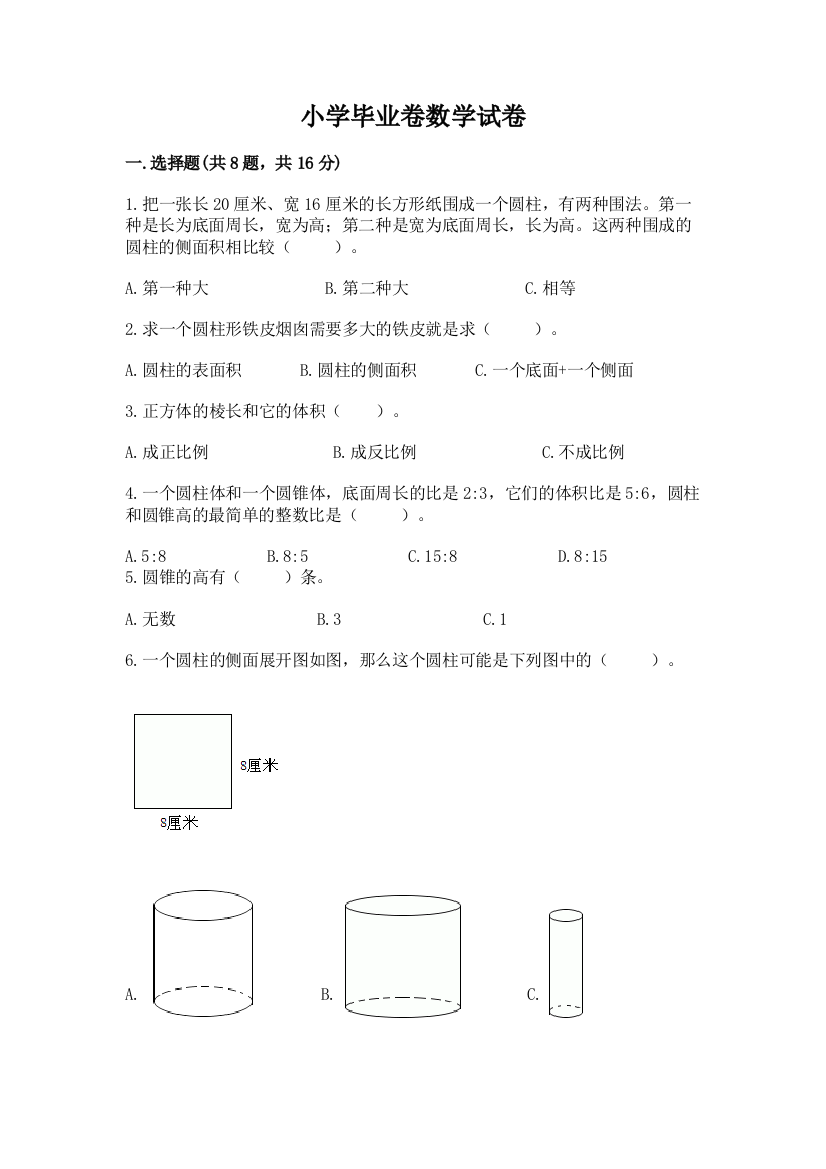 小学毕业卷数学试卷（名师推荐）word版