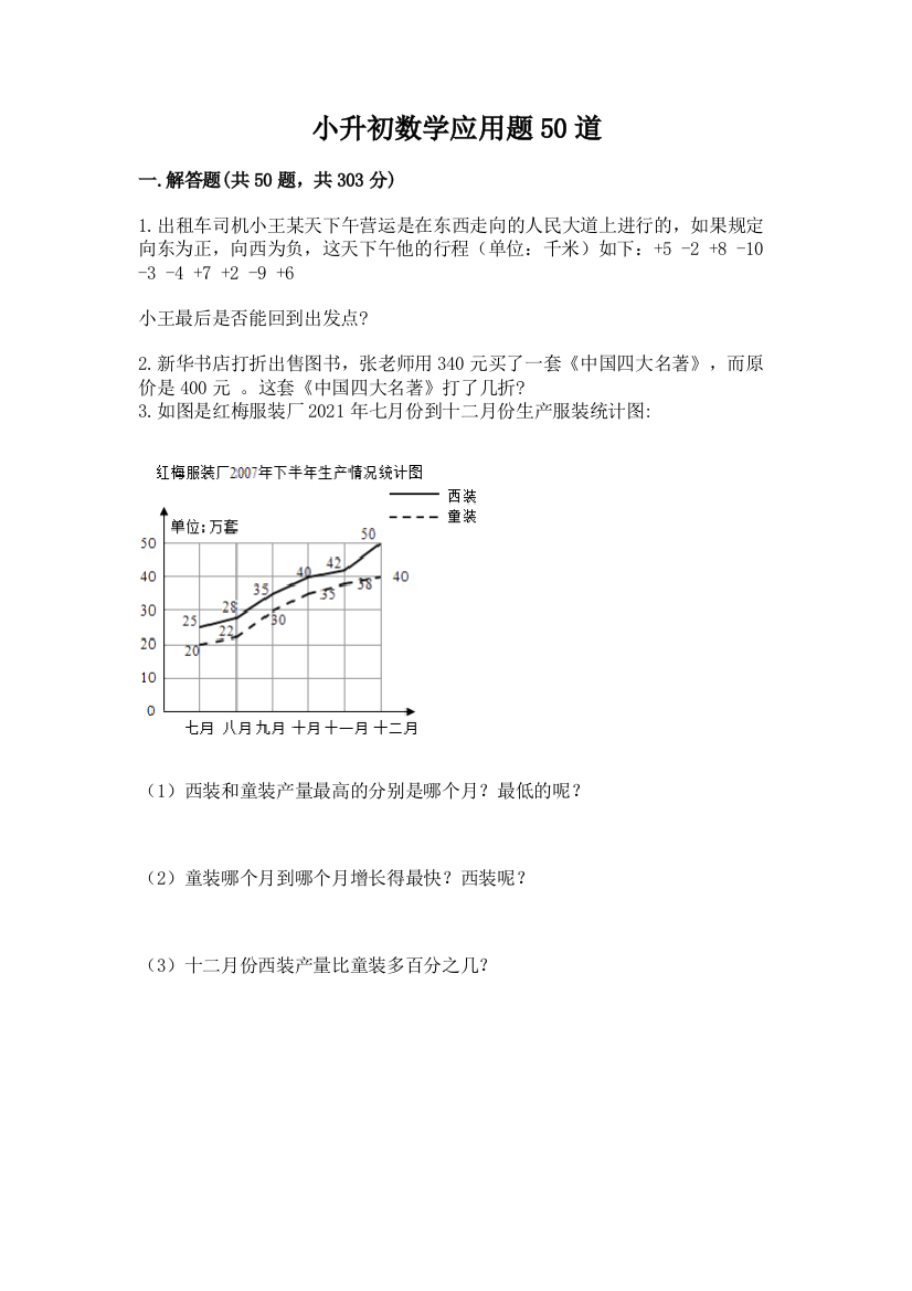 小升初数学应用题50道附参考答案（黄金题型）