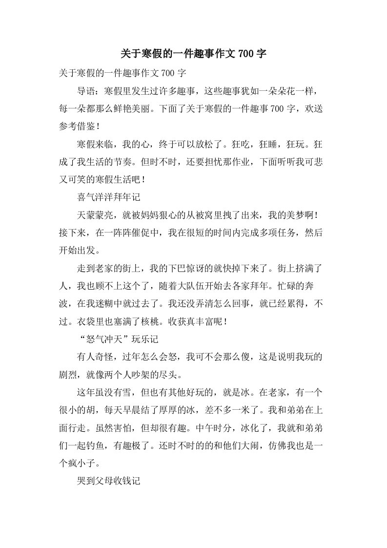 关于寒假的一件趣事作文700字