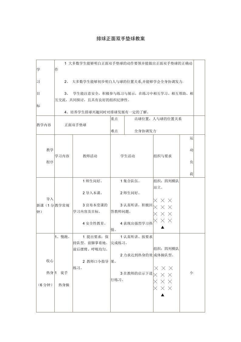 排球正面双手垫球教案1