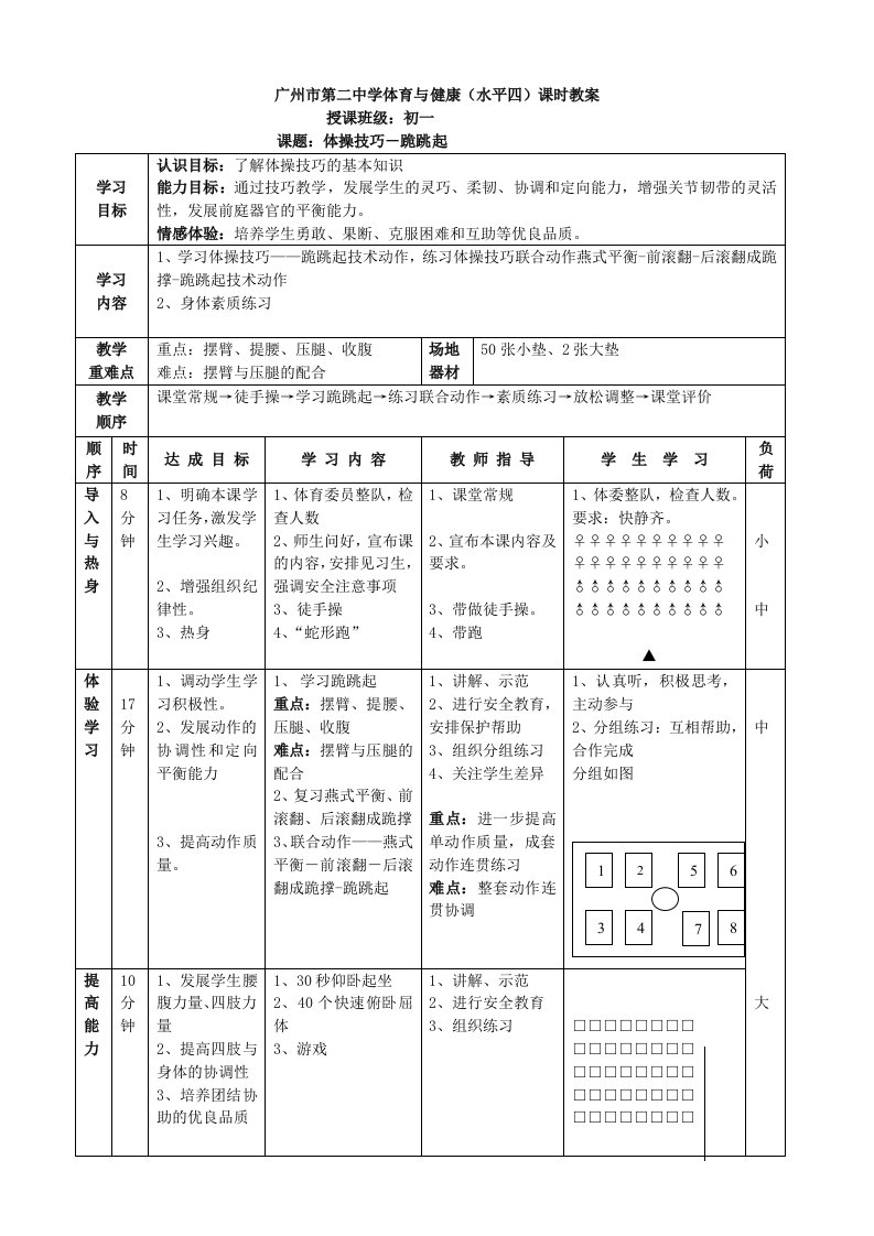 初一年级体操技巧-跪跳起教案