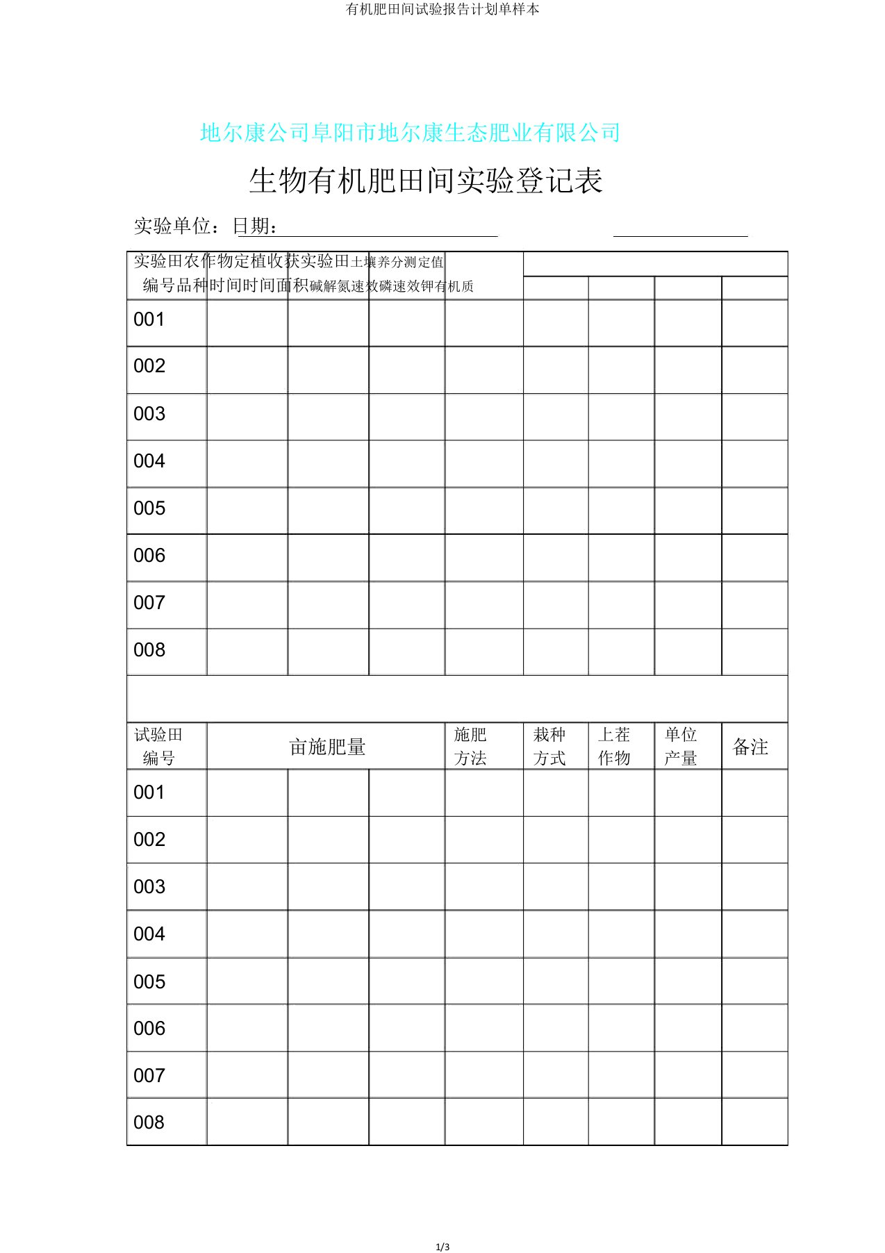 有机肥田间试验报告计划单样本